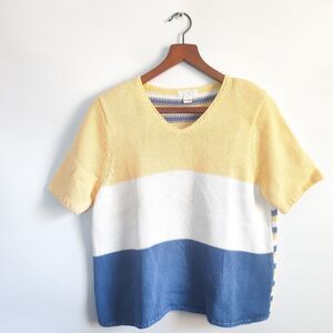 Vintage Knit Short Sleeve Sweater Womens Medium‎ Blue Yellow White Striped Japan